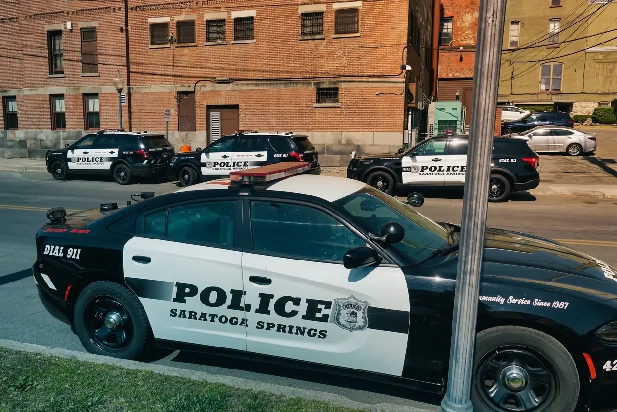 Saratoga Springs police cruisers parked on a downtown street
